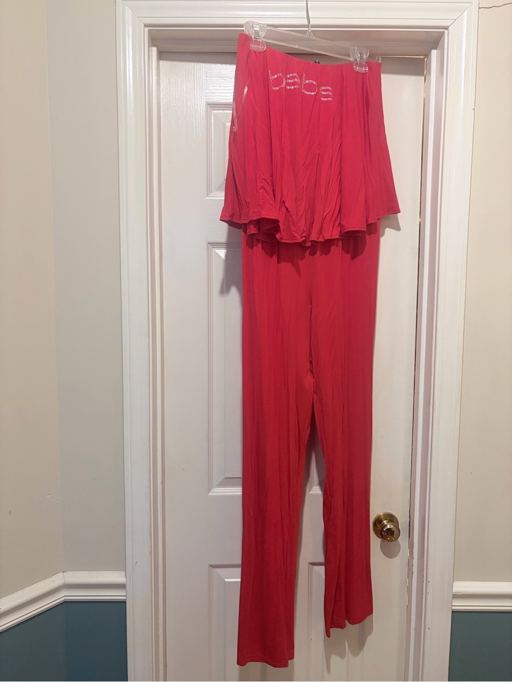 bebe Red Strapless Jumpsuit with Ruffle Overlay